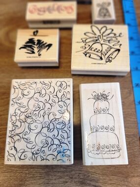Assorted Wooden Wedding & Celebration Rubber Stamps - Neutral Wood 7 Total